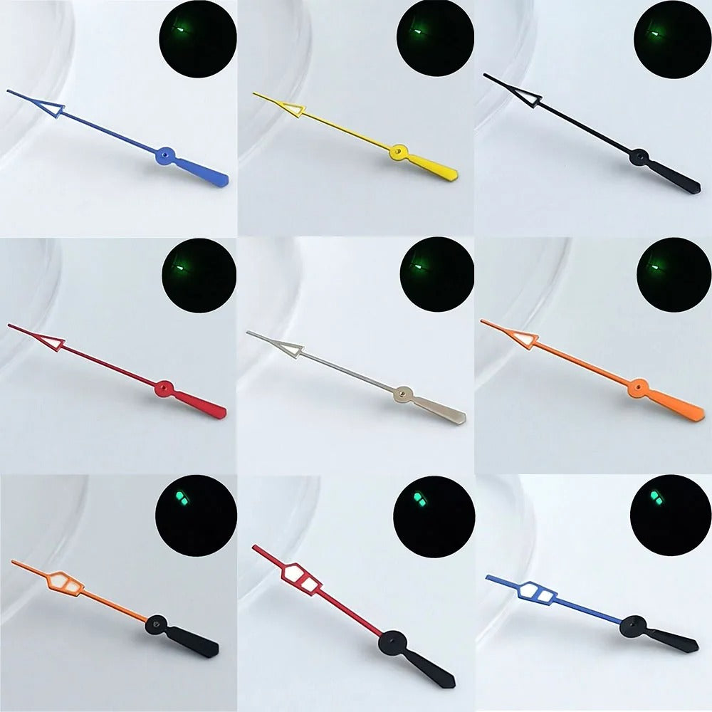 Green luminous watch hands for NH34, NH35, NH36 movements, personalized second hand.