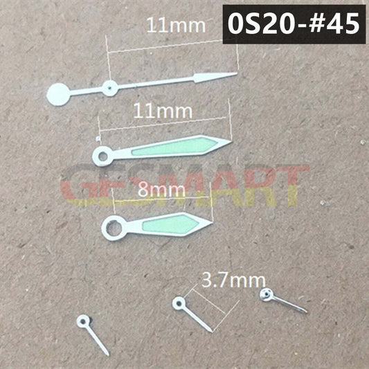 Silver trimmed green luminous watch hands, 11mm, for Miyota 0S20 movement.