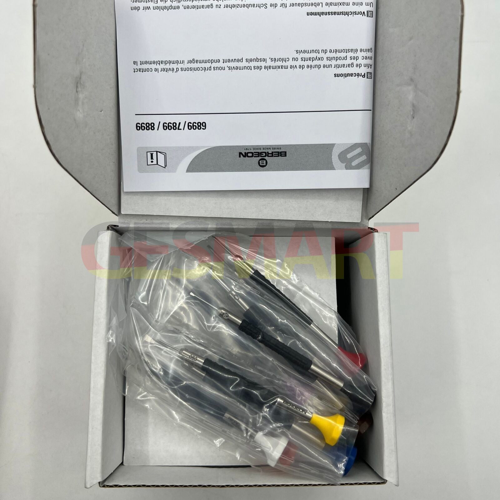 Bergeon 6899-S10 stainless steel screwdrivers set with elastomer handles for precise watch accessory repairs.