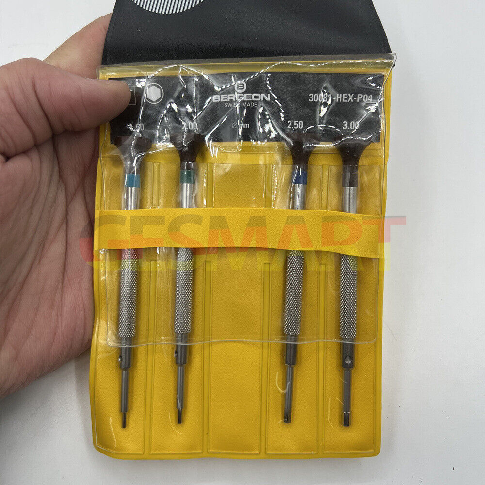 Set of 4 Bergeon 30081-HEX-P04 hex blade screwdrivers for precise watchmaker repairs