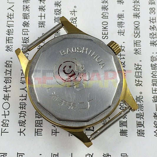 33mm manual mechanical watch with yellow dial, single calendar, 17 jewels, shock-resistant design.