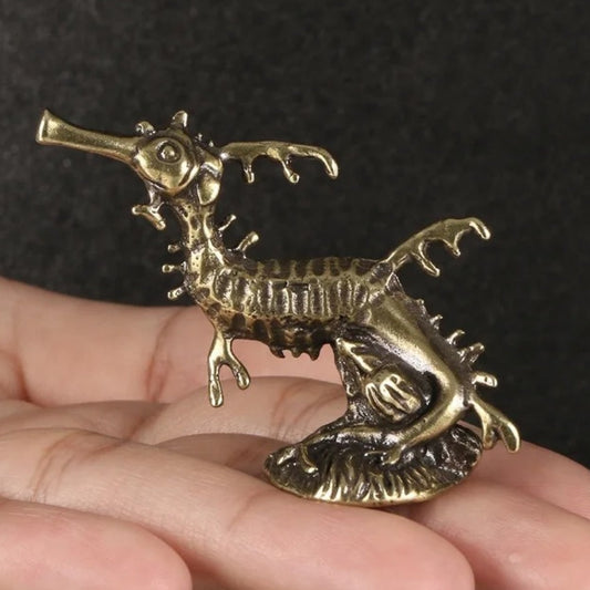 Hand-carved solid copper seahorse figurine, vintage bronze model for watch accessory display.