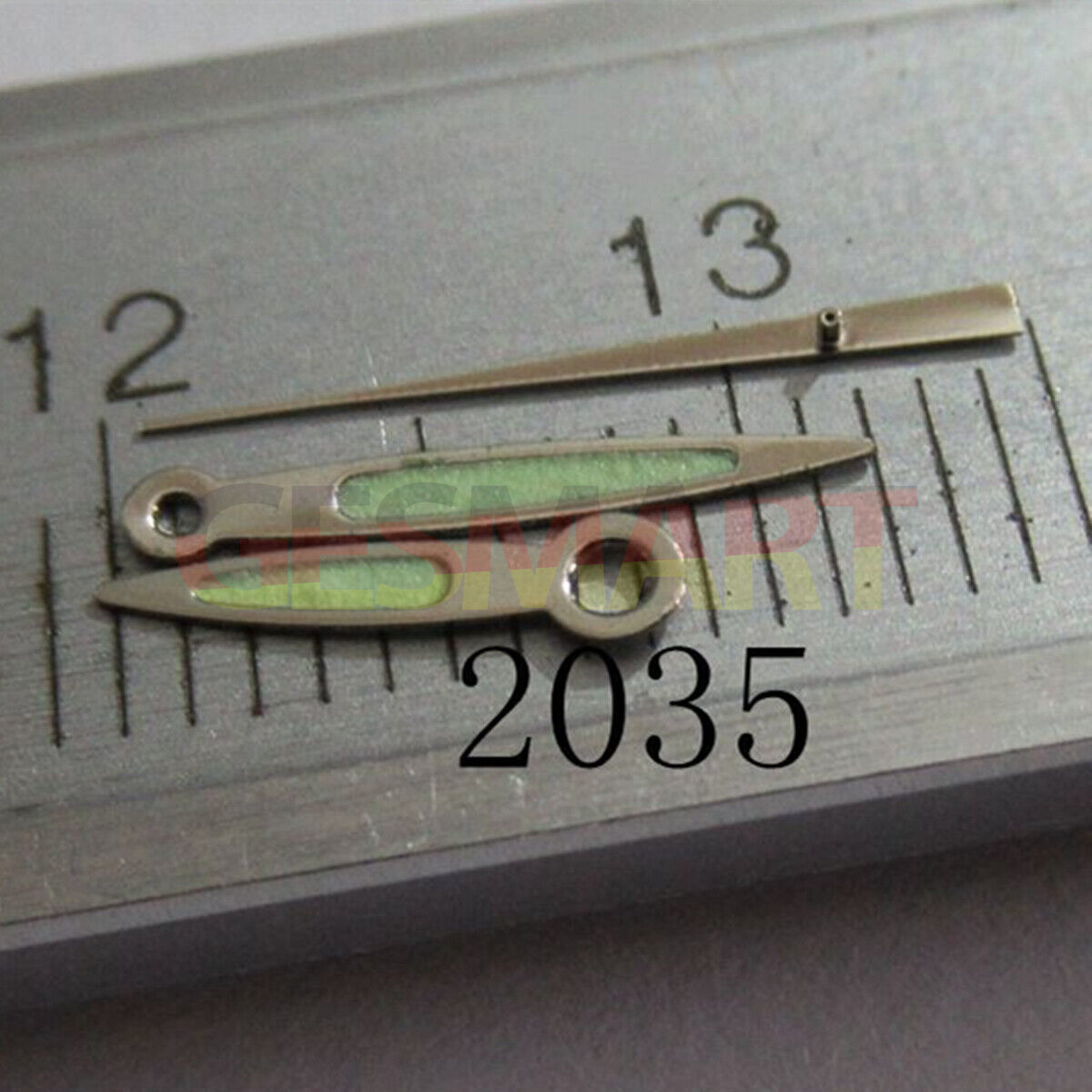 Arrow-shaped green lume watch hand with silver trim, compatible with Miyota 2035, 2115, 2105, 2305 movements.