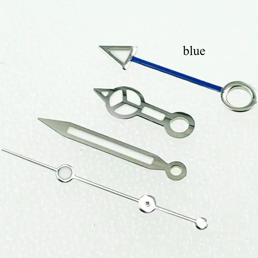 Blue and silver luminous diving watch hands for NH34 GMT movement by Blue+Silver Trim, ideal for precision timekeeping.