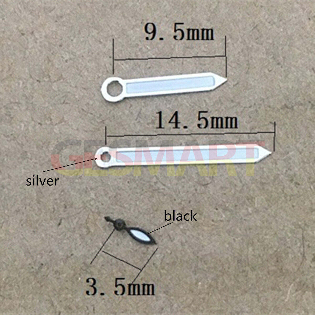Silver 14.5mm watch hands with trim for Seagull ST6 automatic mechanical movement, precision fit.