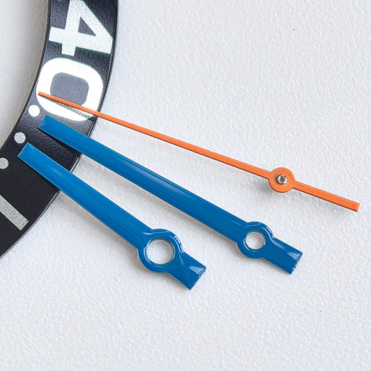 Orange and blue painted watch hands for 3230/3235 movement, no lume, precision fit.