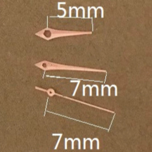 Rose golden arrow-shaped watch hands, 7x7x5mm, compatible with Miyota 2035 quartz movement, stylish trim detail.