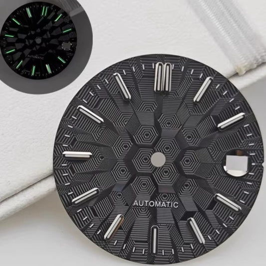 Black 28.5mm watch dial with silver nail markers and lume, designed for NH35 NH36 movements.