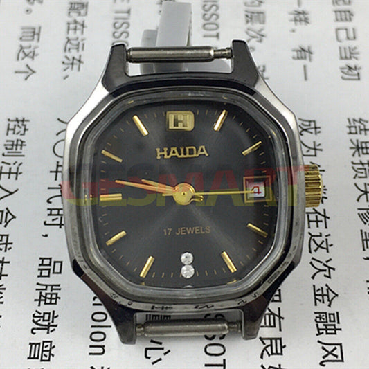 HAIDA 24mm manual mechanical lady watch with black dial and octagonal case, 17 jewels for precise timekeeping.