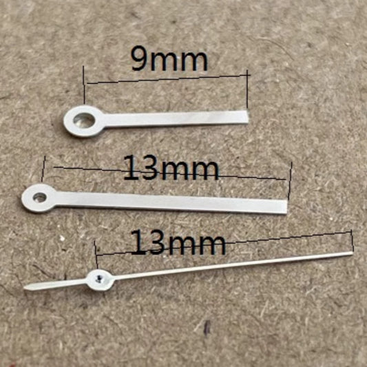 Silver square pointed watch hands for Miyota 2035 quartz movement, 13x13x9mm, brand precision.