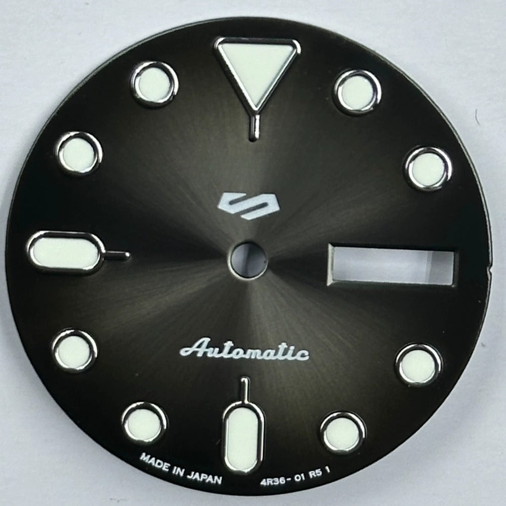 Gradual dark grey 28.6mm watch dial with green luminous markers for NH35 NH36 movements.