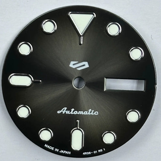 Gradual dark grey 28.6mm watch dial with green luminous markers for NH35 NH36 movements.