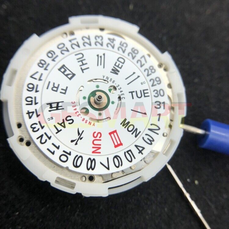 Epson YN56 mechanical watch movement showing date and day display, Japan brand quality.