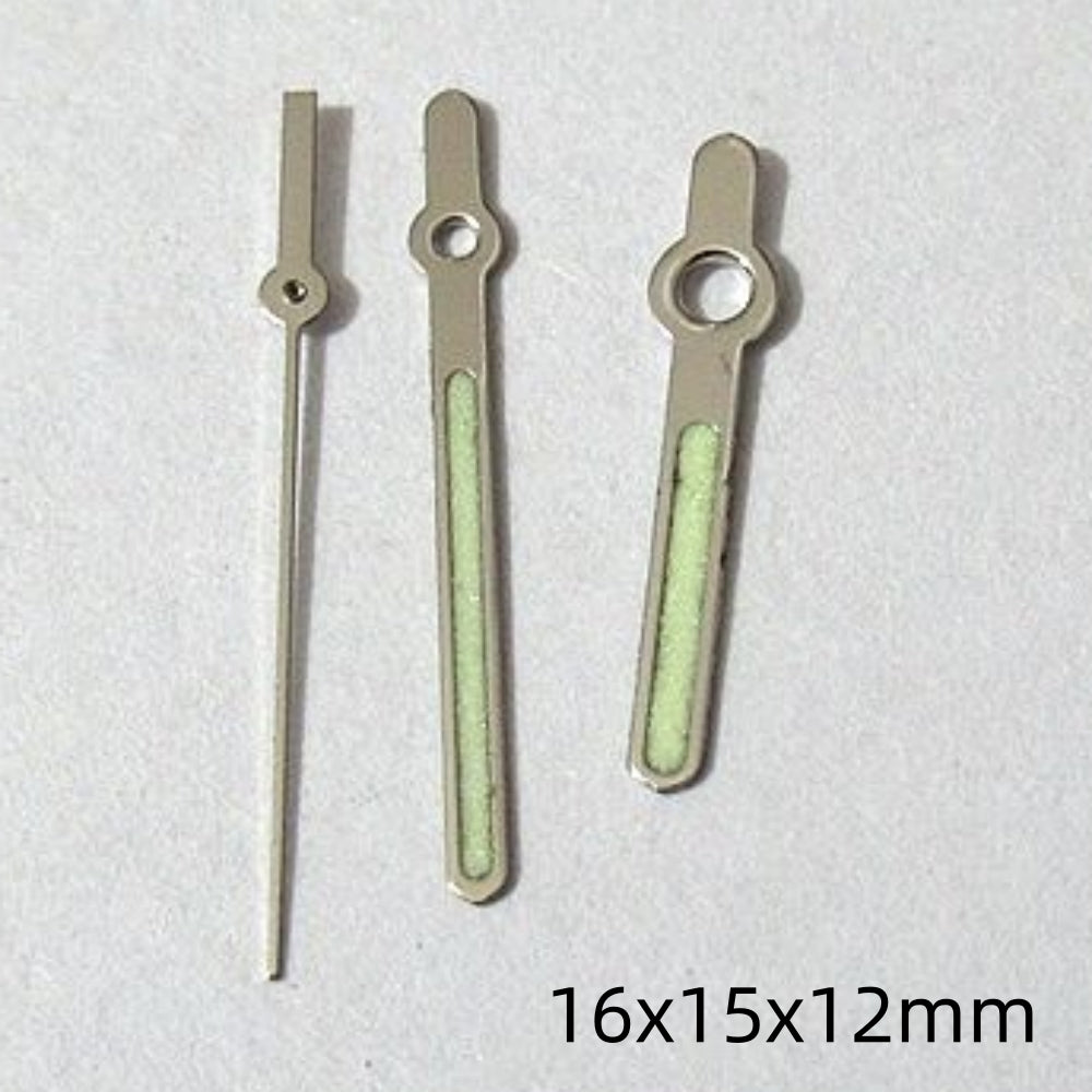 16mm silver-trimmed green lume watch hands set for Miyota 2035 movement, precise timekeeping accessory.