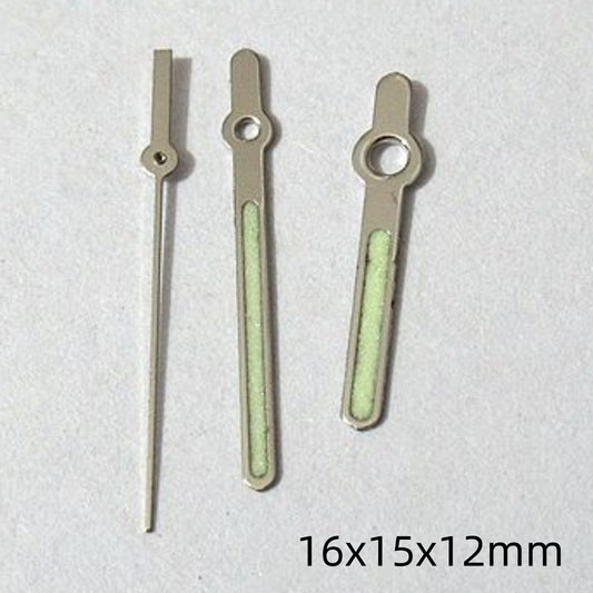 16mm silver-trimmed green lume watch hands set for Miyota 2035 movement, precise timekeeping accessory.
