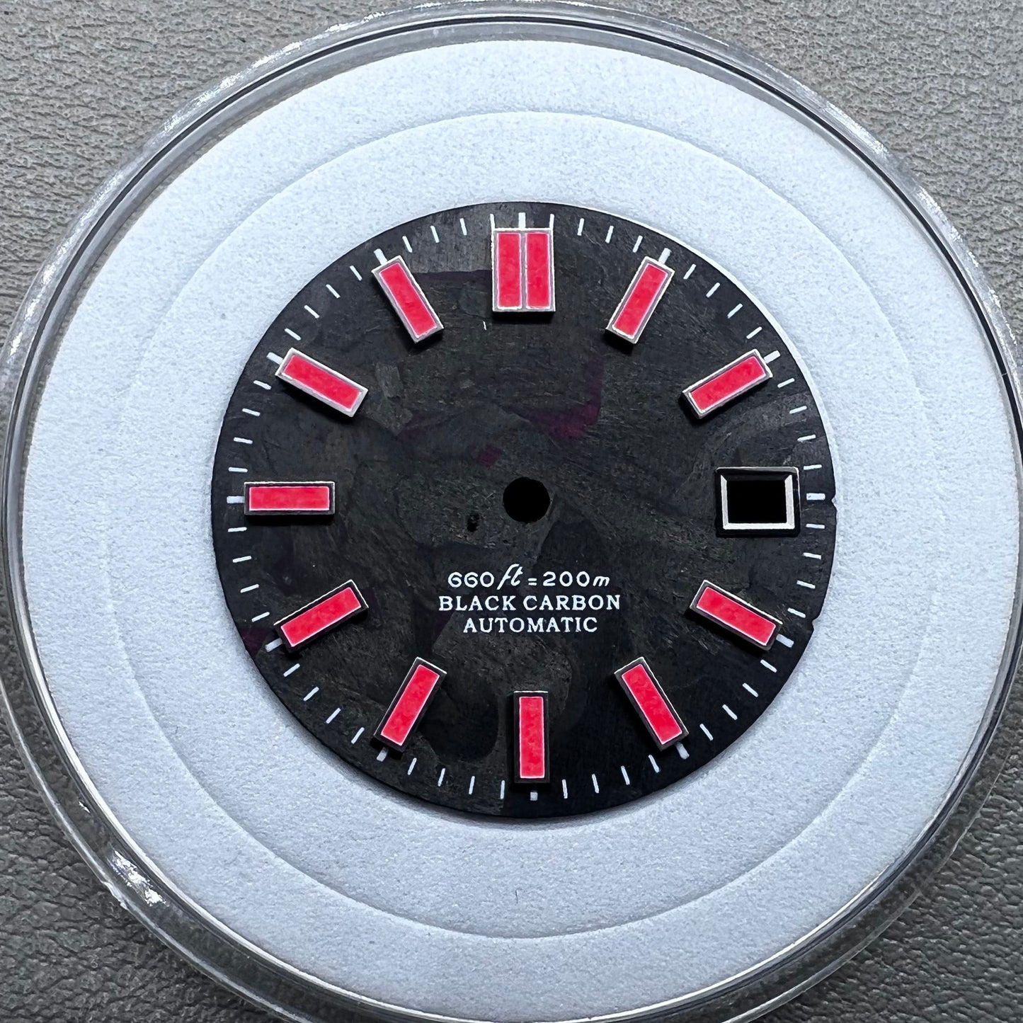 Red painted C9 Lume 28.5mm watch dial with black carbon fiber, compatible with NH34 NH35 movements.