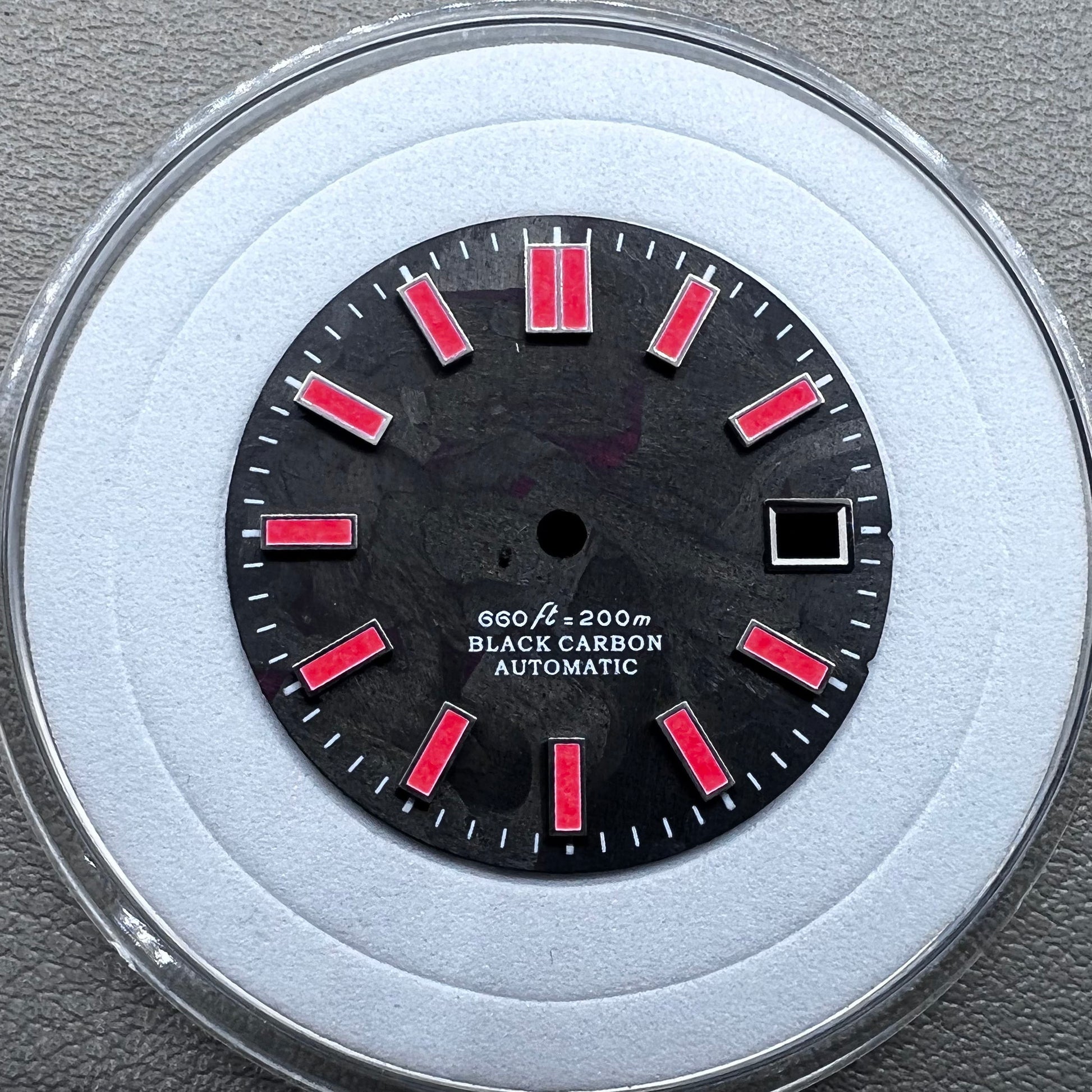 Red painted C9 Lume 28.5mm watch dial with black carbon fiber, compatible with NH34 NH35 movements.