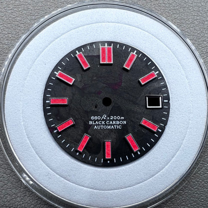 Red painted C9 Lume 28.5mm watch dial with black carbon fiber, compatible with NH34 NH35 movements.