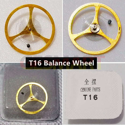 Complete balance wheel with hairspring for Tianjin Seagull T16 ST16 watch movement, precision engineered.