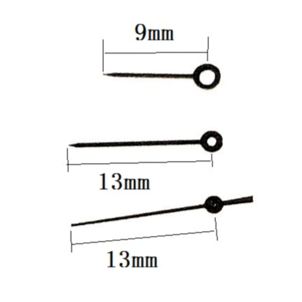 Black painted watch hands designed for Miyota 2035 quartz movement, 13x13x9mm precision fit.