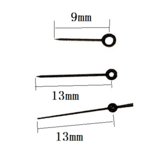 Black painted watch hands designed for Miyota 2035 quartz movement, 13x13x9mm precision fit.