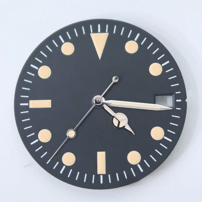 Vintage 28.5mm green lume watch dial with calendar, compatible with Miyota 8215 movement