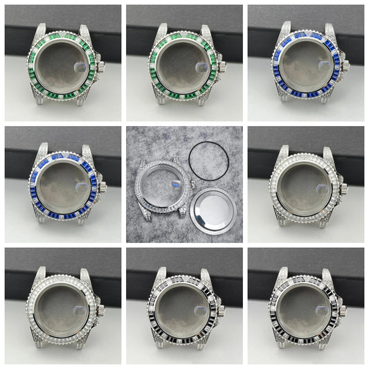 40.5mm Diamond Steel Watch Case with Strap Sapphire Glass for NH34/NH35/NH36