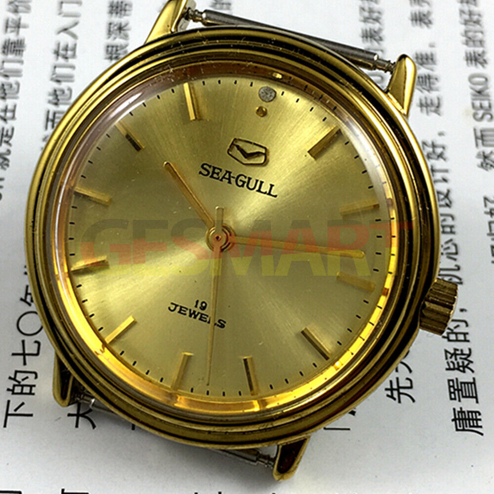 35mm Tianjin Seagull watch with golden case, round dial, manual mechanical movement, classic style accessory.