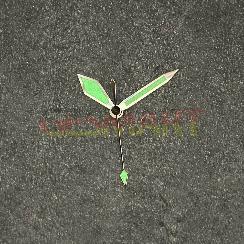 Diamond-shaped green lume watch hands with silver trim for NH35/NH36/4R36 movements, precision-crafted.