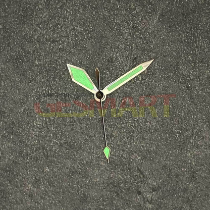 Diamond-shaped green lume watch hands with silver trim for NH35/NH36/4R36 movements, precision-crafted.