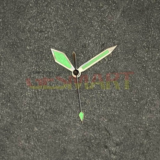 Diamond-shaped green lume watch hands with silver trim for NH35/NH36/4R36 movements, precision-crafted.