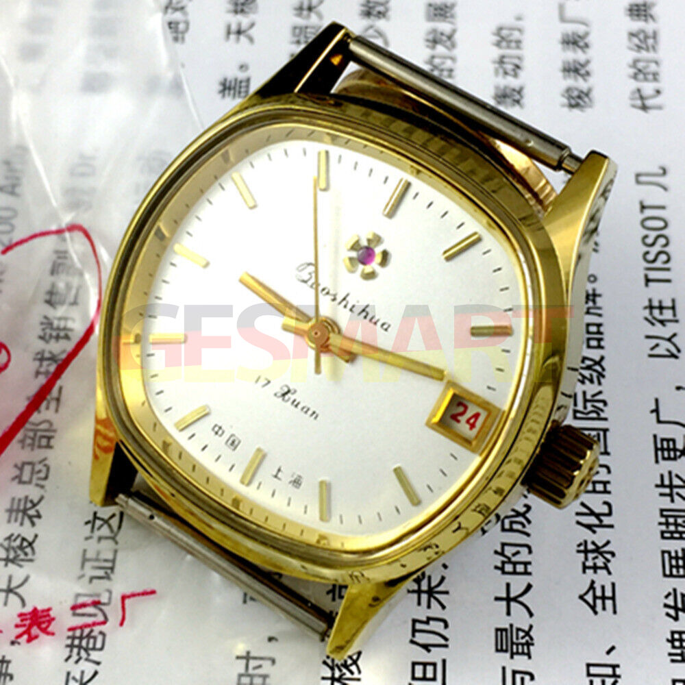 33mm Shanghai manual watch with golden nail markers, white dial, and single calendar display for classic style.