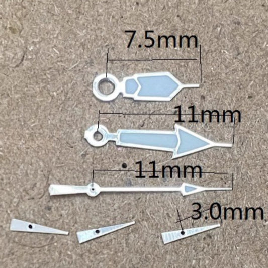 Silver 11mm arrow-shaped lume watch hands with trim for Miyota OS10 OS20 OS30, enhancing time readability.