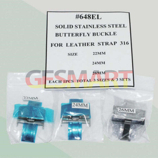 Set of 3 solid stainless steel butterfly buckles, 22-26mm, for leather watch straps.