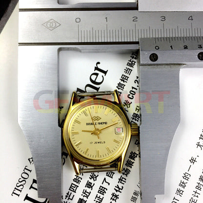 Beijing Double Rhomb lady watch with red date font, manual mechanical movement, elegant single calendar design.
