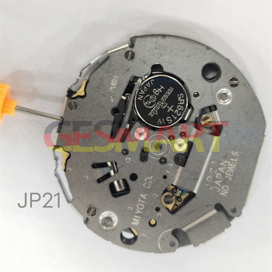 Miyota JP21 quartz watch movement showing date display at 3 o'clock position for precise timekeeping