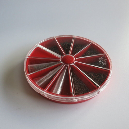 Red round box containing 1000PCS AB6004 steel screws for eyeglasses and watch repairs.