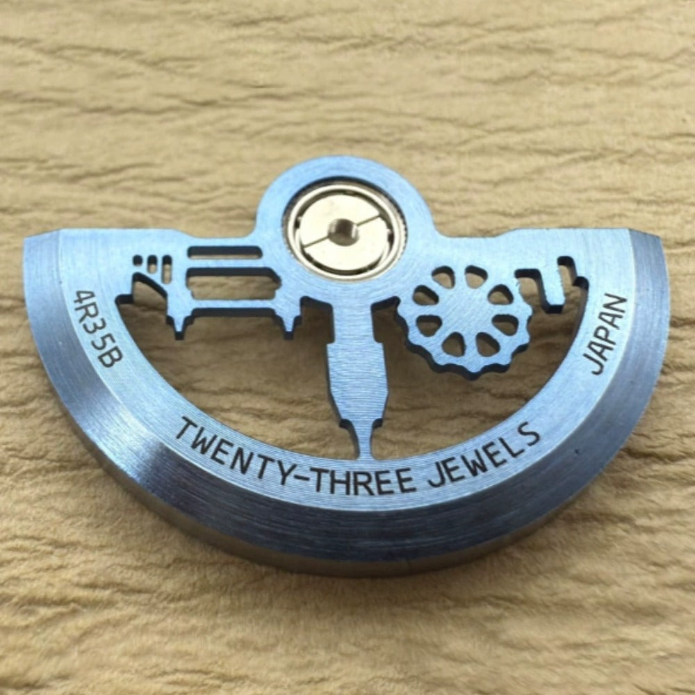 Blue hollow modified rotor oscillating weight for NH35 NH36 watch movement, stylish architectural design.