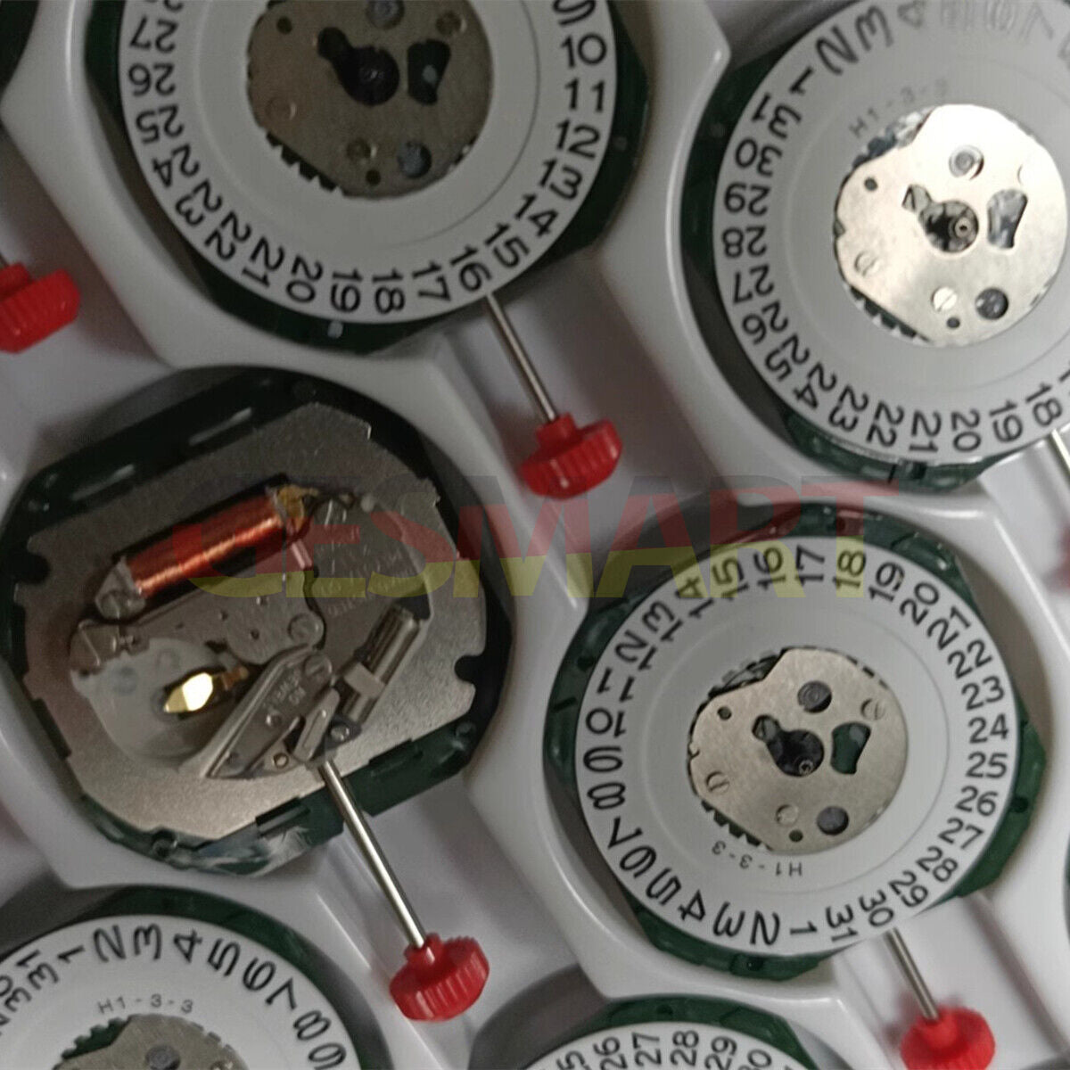 Miyota 2317 silver quartz watch movement with date display at 3 and 6, for precise repairs.