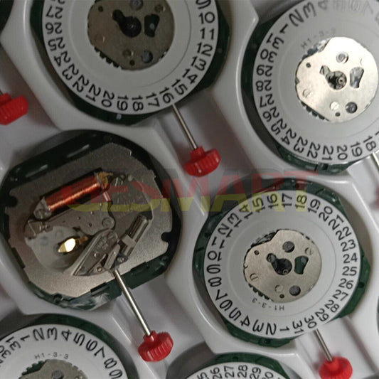 Miyota 2317 silver quartz watch movement with date display at 3 and 6, for precise repairs.