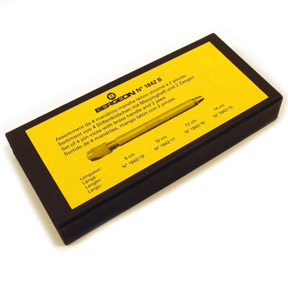 Set of 4 Bergeon 1842-B square head pin vice holders, ideal for precise watch repair tasks.