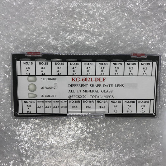 KG-6021-DLF date lens with different shapes, mineral glass, available in 3 sizes, 60 pieces per box by KG brand.