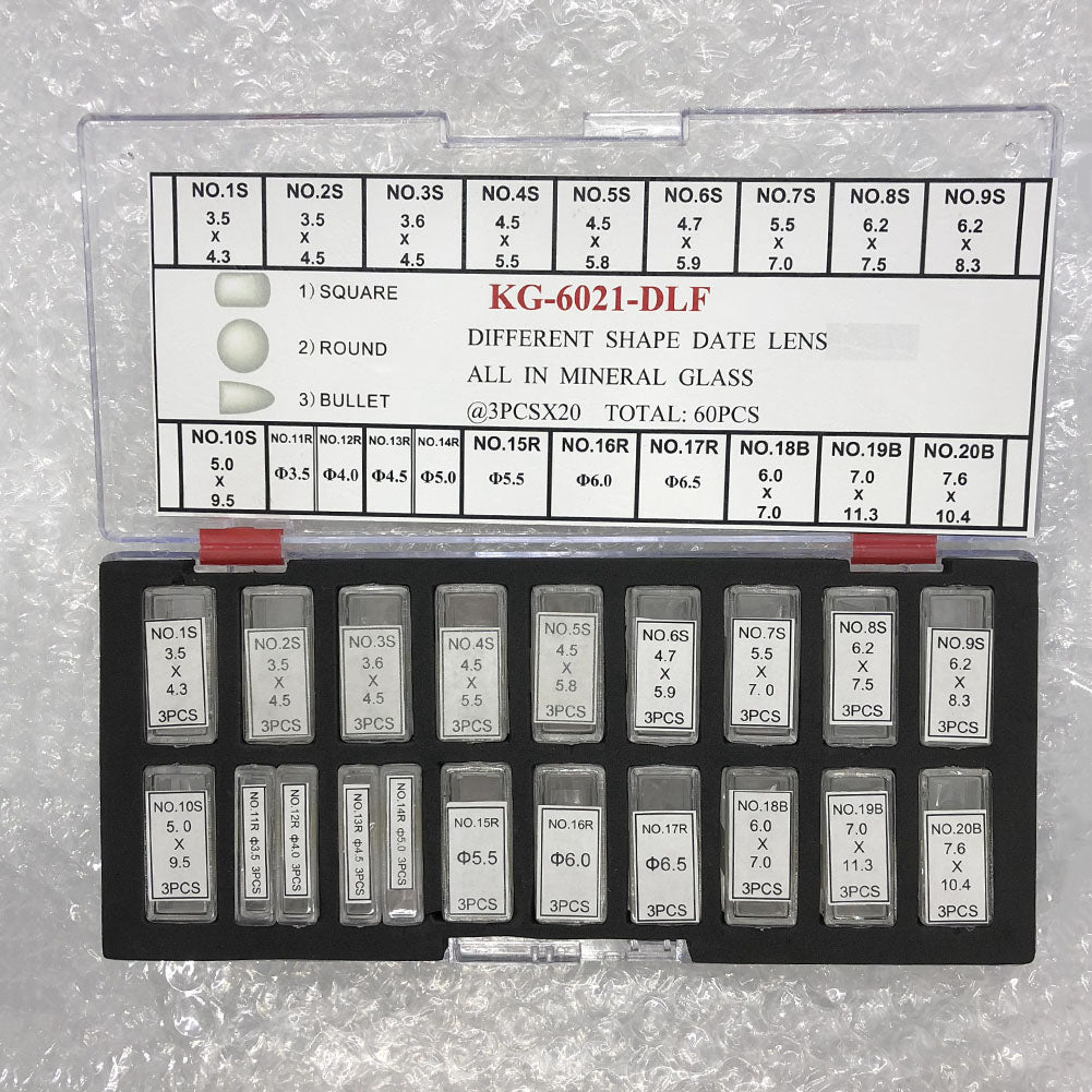 KG brand KG-6021-DLF date lens with mineral glass, available in three sizes, 60 pieces per box for watch accessories.