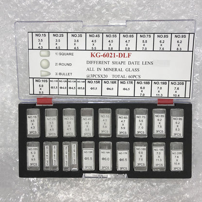 KG brand KG-6021-DLF date lens with mineral glass, available in three sizes, 60 pieces per box for watch accessories.