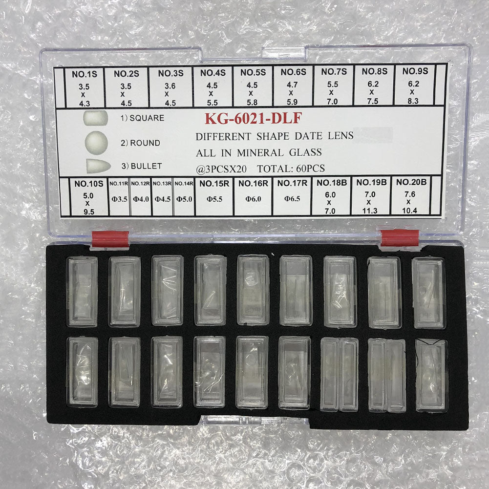 KG-6021-DLF date lens with different shapes, mineral glass, available in 3 sizes, 60 pieces per box by KG brand.