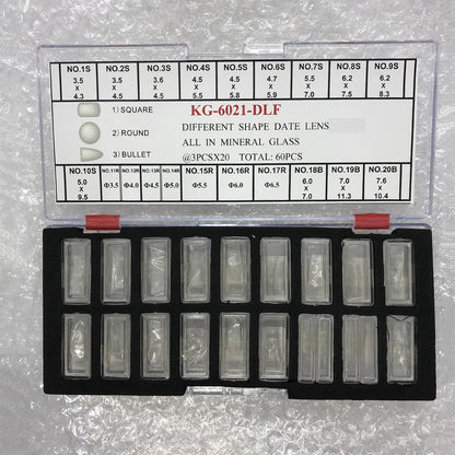 KG-6021-DLF date lens with different shapes, mineral glass, available in 3 sizes, 60 pieces per box by KG brand.