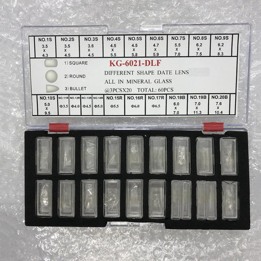KG-6021-DLF date lens with different shapes, mineral glass, available in 3 sizes, 60 pieces per box by KG brand.