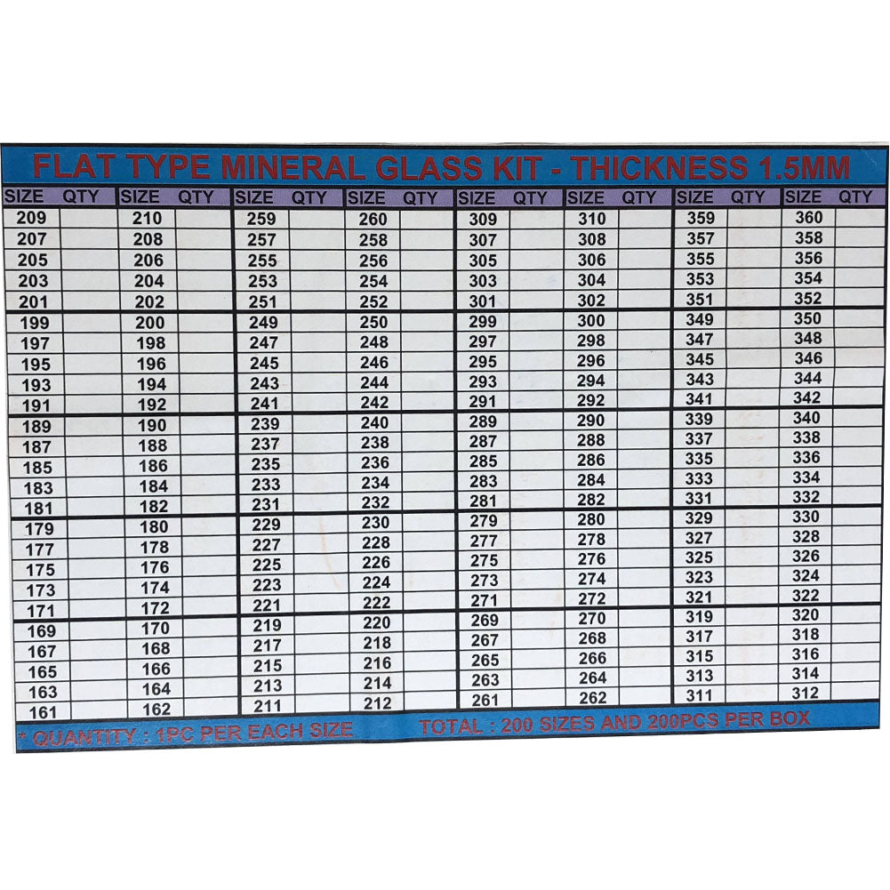 Round flat mineral watch glass 1.5mm thick, 200 sizes in box, perfect for Timex watch repairs.