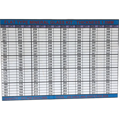 Round flat mineral watch glass 1.5mm thick, 200 sizes in box, perfect for Timex watch repairs.