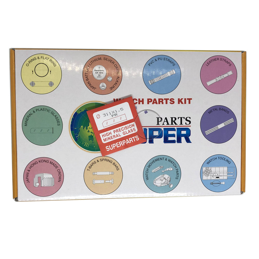 Round flat mineral watch glass 1.5mm thick, 200 sizes in box for watch repairs.